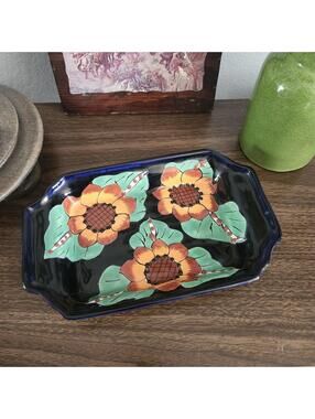 Mexican Talavera Pottery Sunflower Platter Cobalt Blue Textured Glaze Terracotta